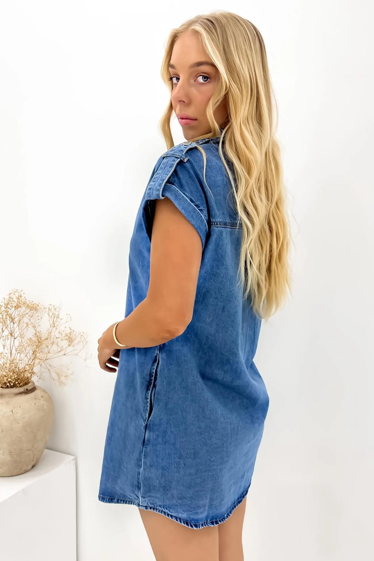 Smart Texture Sleek Draping Selah Denim Mini Dress Mid Blue