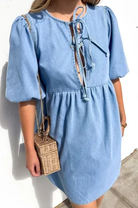 Otto Denim Mini Dress Light Blue Trendy Piece Chic boho dress