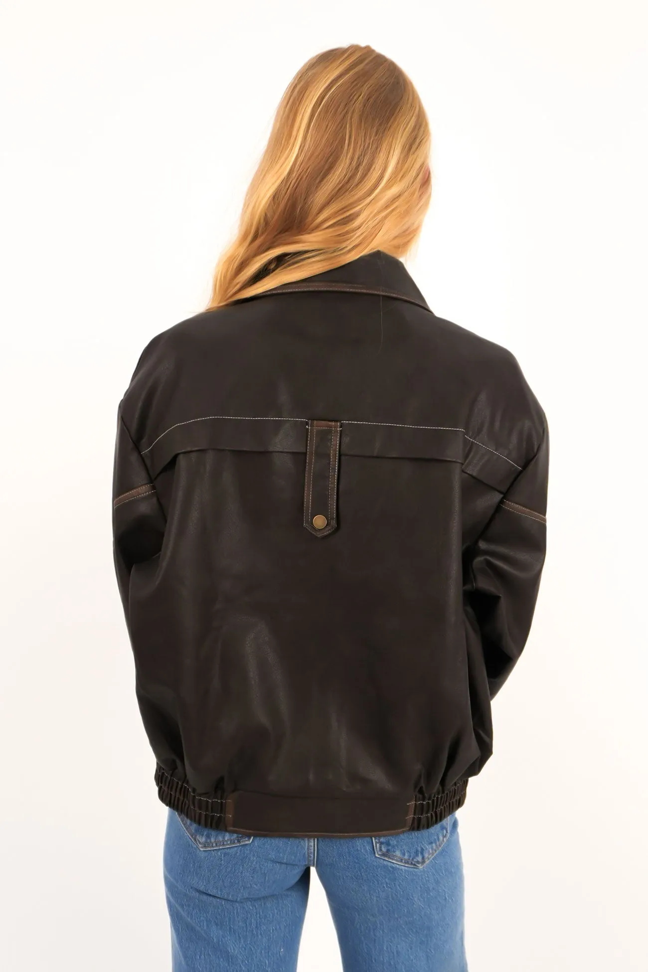 Modern Drop Tail Hem Nevina Pleather Jacket Brown
