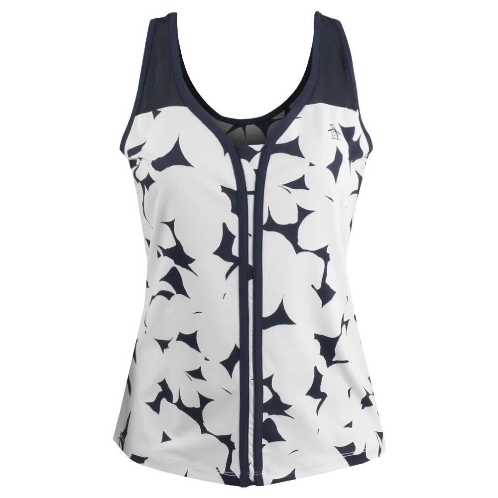 Penguin Women's Riviera Floral Tank - Bright White/Navy Embroidered Pattern Anti-Fray