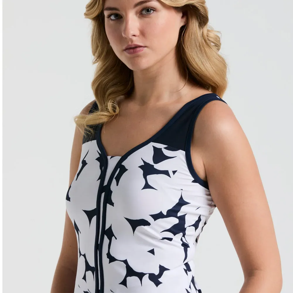 Digital Printing Penguin Women's Riviera Floral Tank - Bright White/Navy Embroidered Pattern