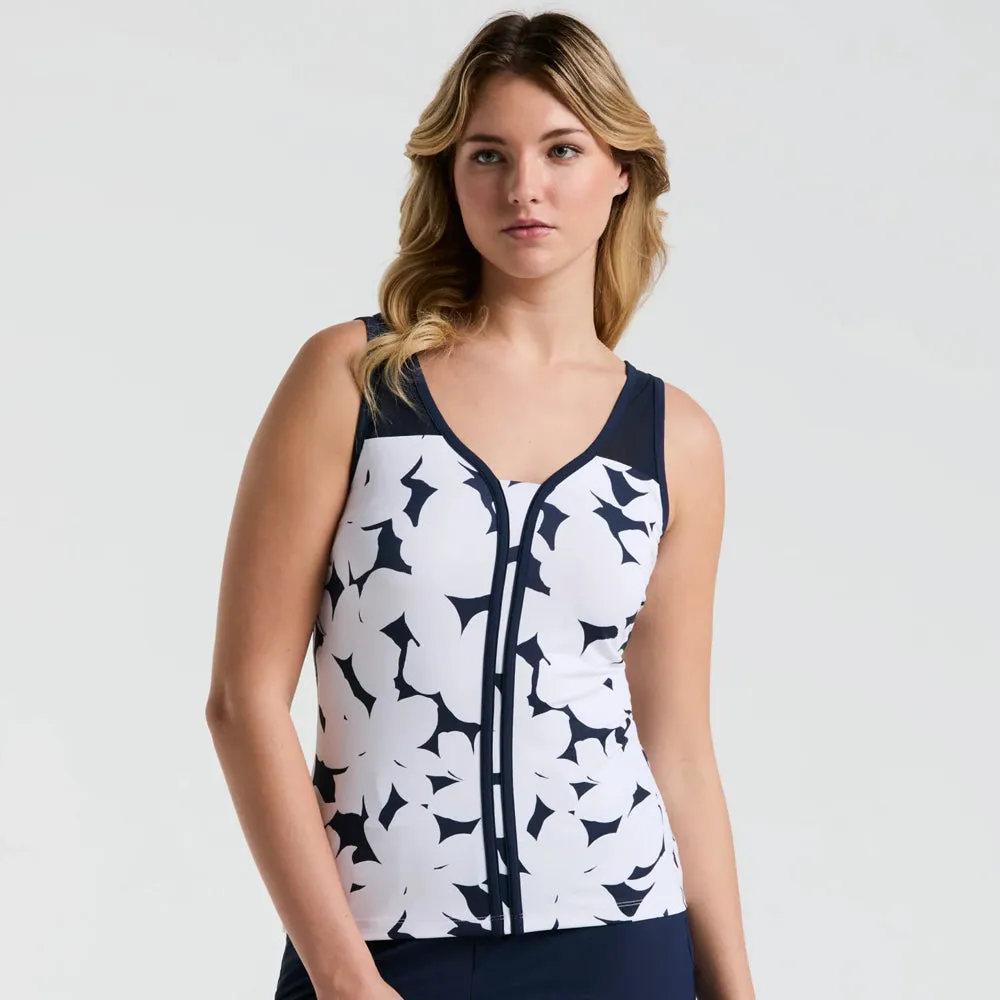 Penguin Women's Riviera Floral Tank - Bright White/Navy Embroidered Pattern Easy To Clean Metallic Elements
