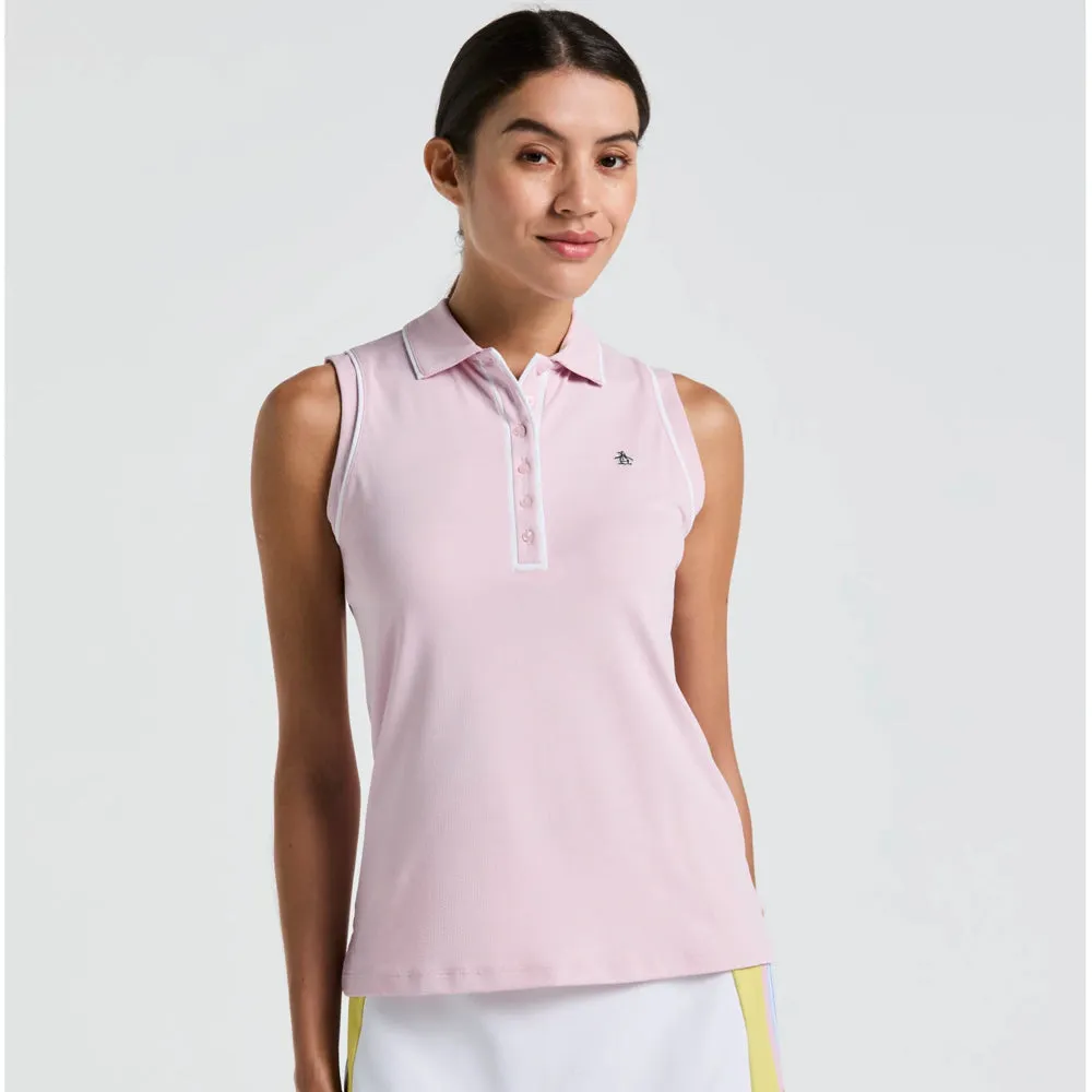 Smocked Buttoned front Penguin Women's Veronica Sleeveless Polo - Charm Pink Beaded details