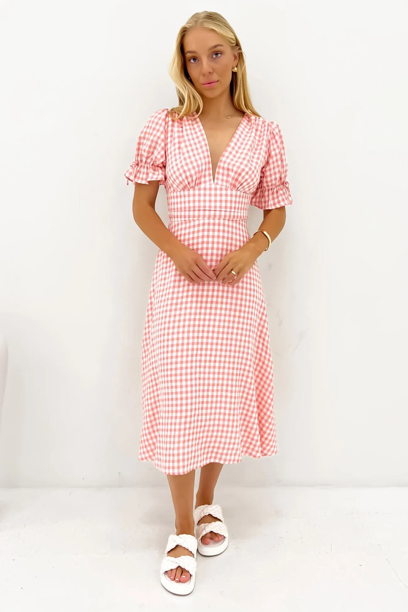Aspyn Midi Dress Pink Gingham Sculpted Fit