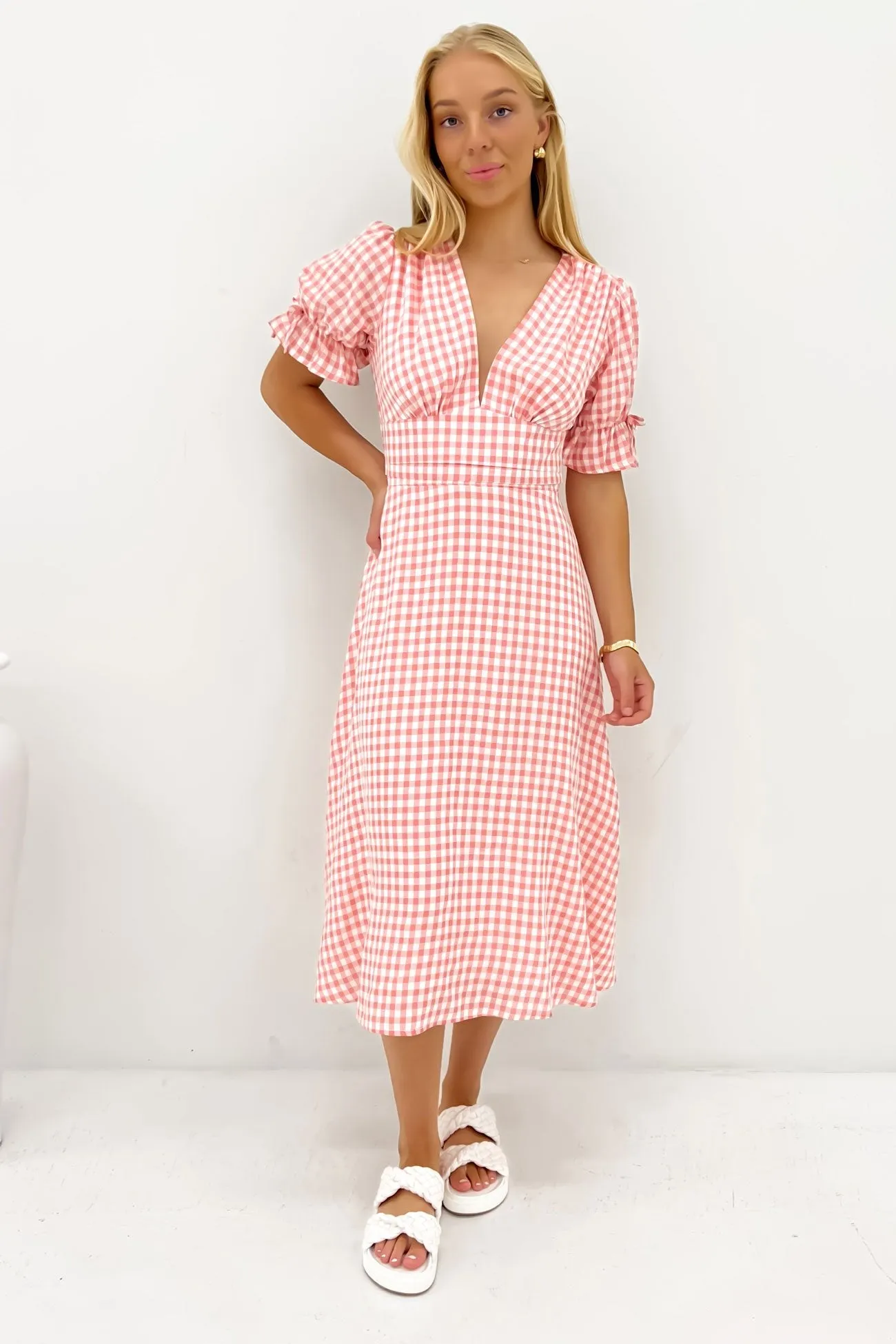 Aspyn Midi Dress Pink Gingham Evening-Wear