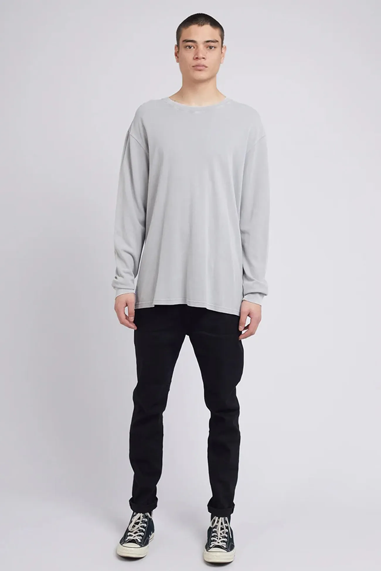 Checked Pique Long Sleeve Tee Grey