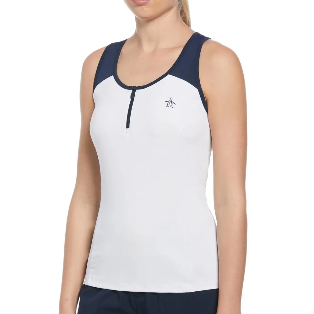 Off-Shoulder Pocket Design Penguin Women's Color Block Zip Tank - Bright White/Navy