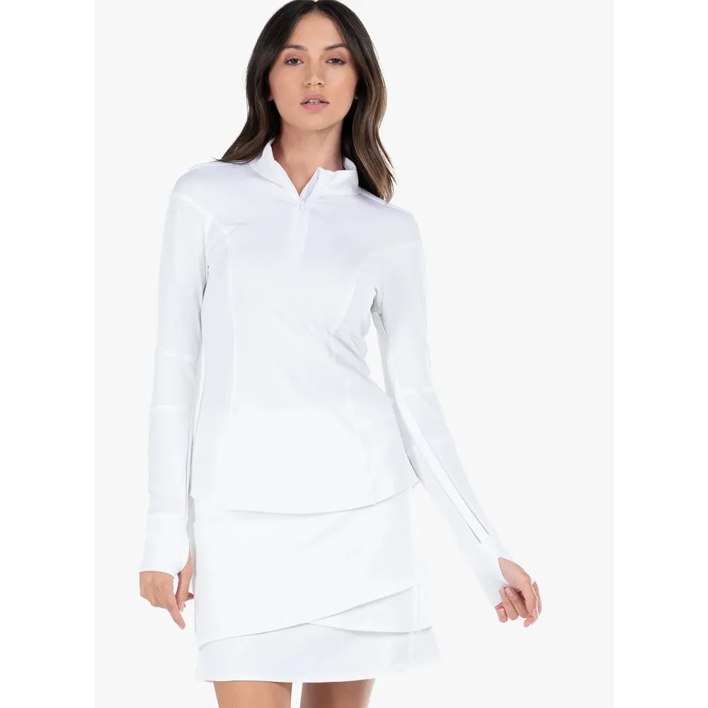 Printed Pattern Lucky in Love Women's Essentials 1/4 Zip Longsleeve - White Button Down Smocked