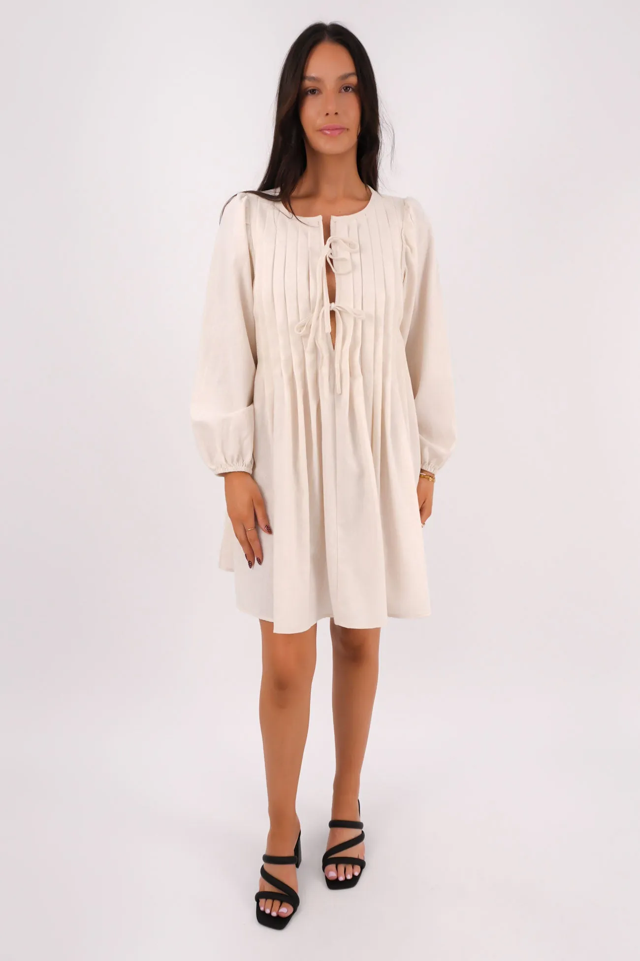Clydette Long Sleeve Mini Dress Oatmeal Trendy Style