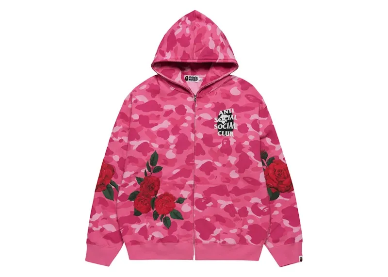 Velvety Texture Bape X Anti Social Social Club Full Zip Hoodie Pink