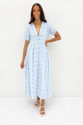 Metallic Finish Asymmetrical hem Nala Maxi Dress Blue Flower