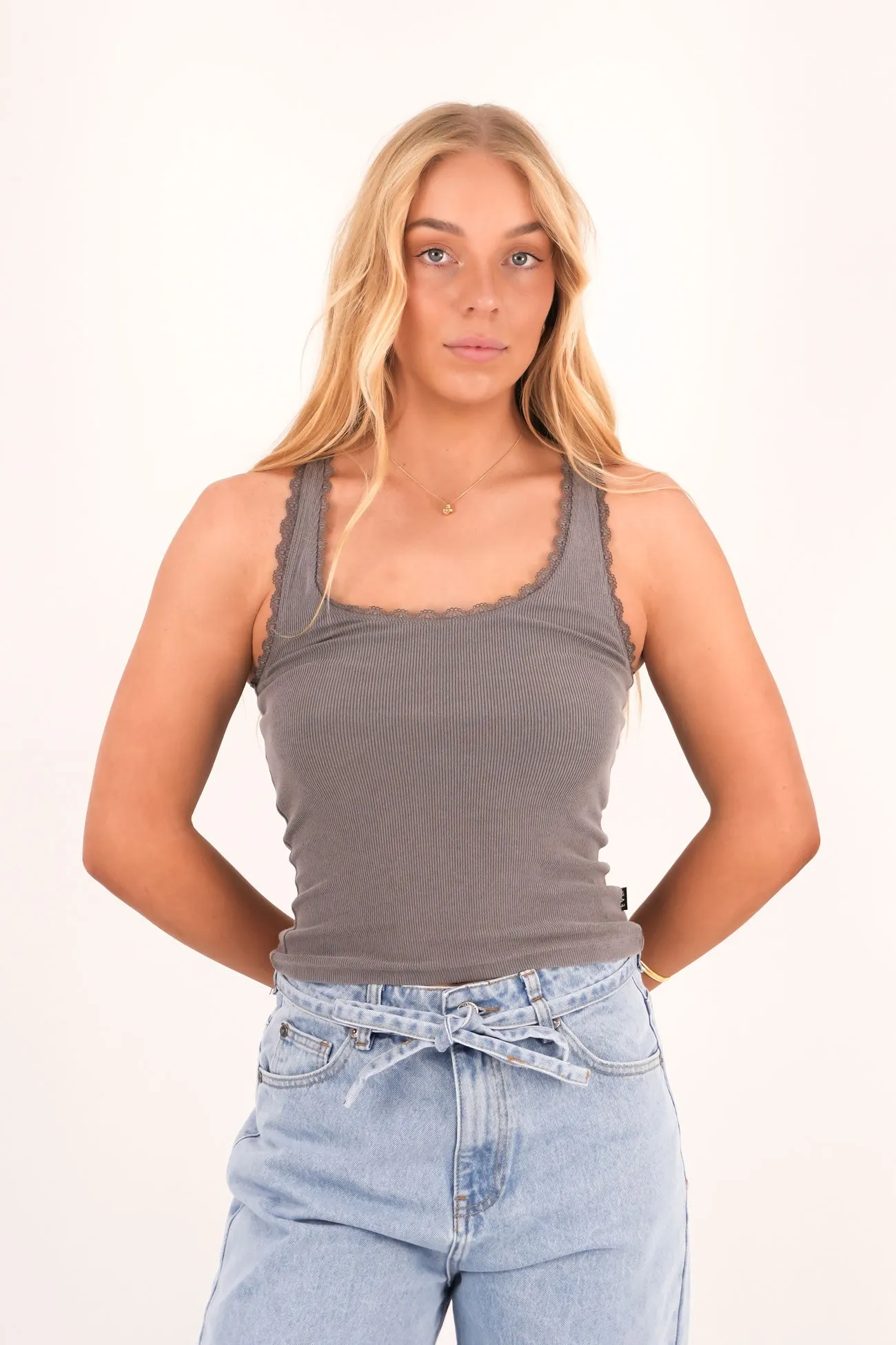 Washed Rib Lace Tank Charcoal Snag Resistant Surface