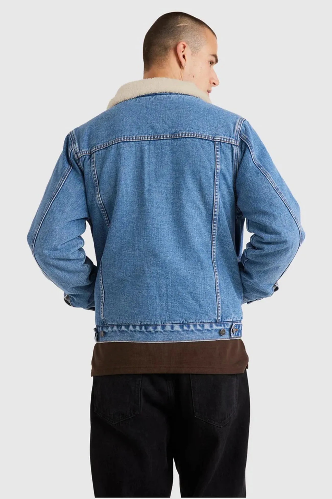 Denim Sherpa Trucker Jacket Vintage Blue MagneticClosureSystem Stretch Fit