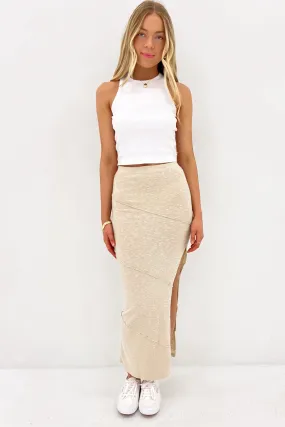 Quinlan Midi Skirt Beige Texture Shot Fitted Cut