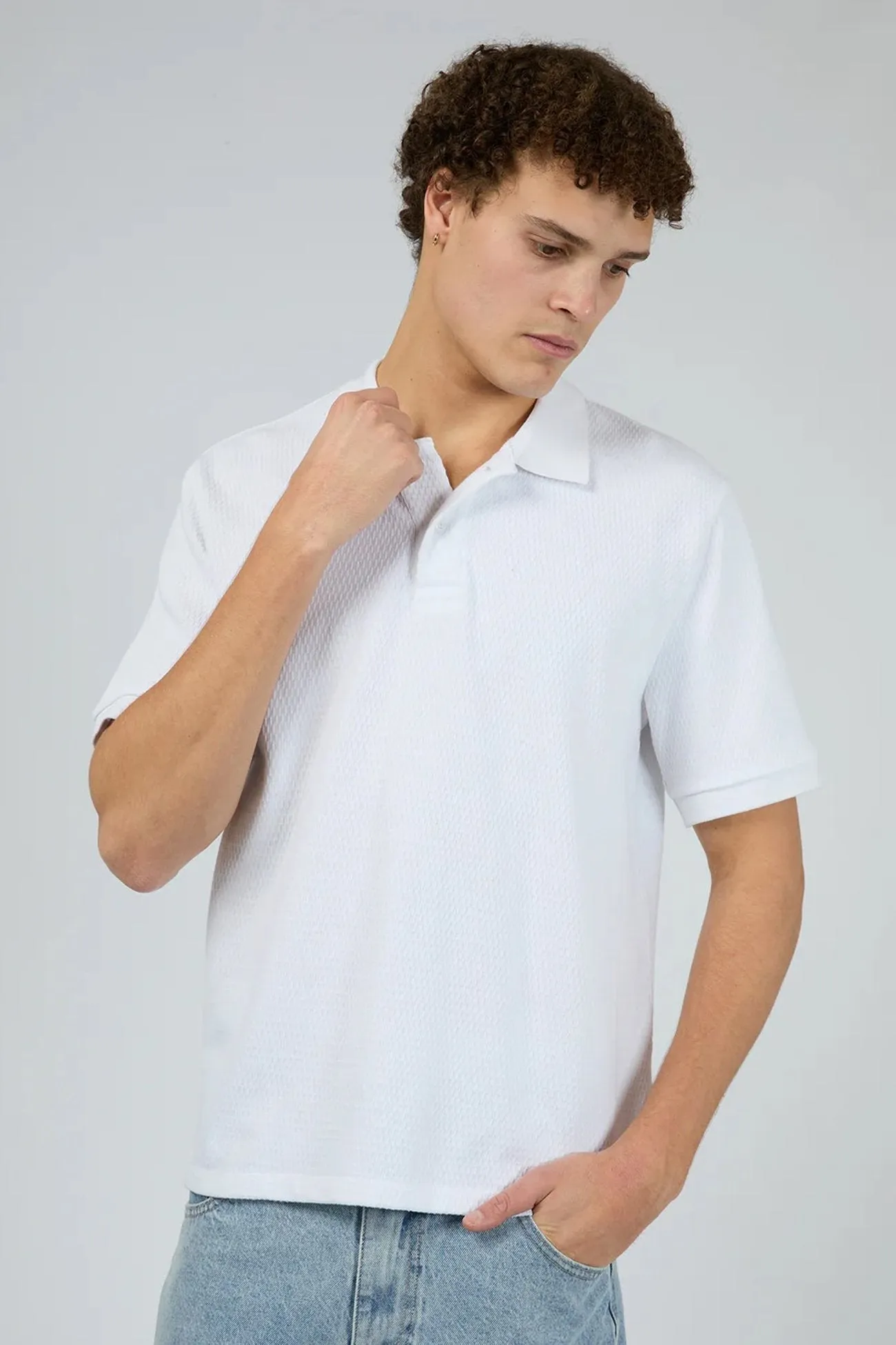Lightweight Material Weekend Outing Waffle Polo White