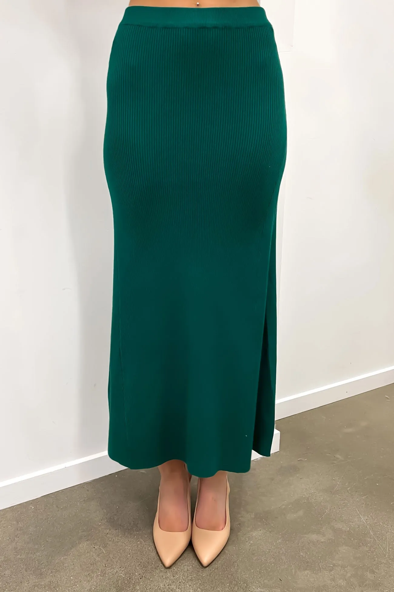Karina Knit Skirt Emerald Flowy Drape Slip Resistant Waist