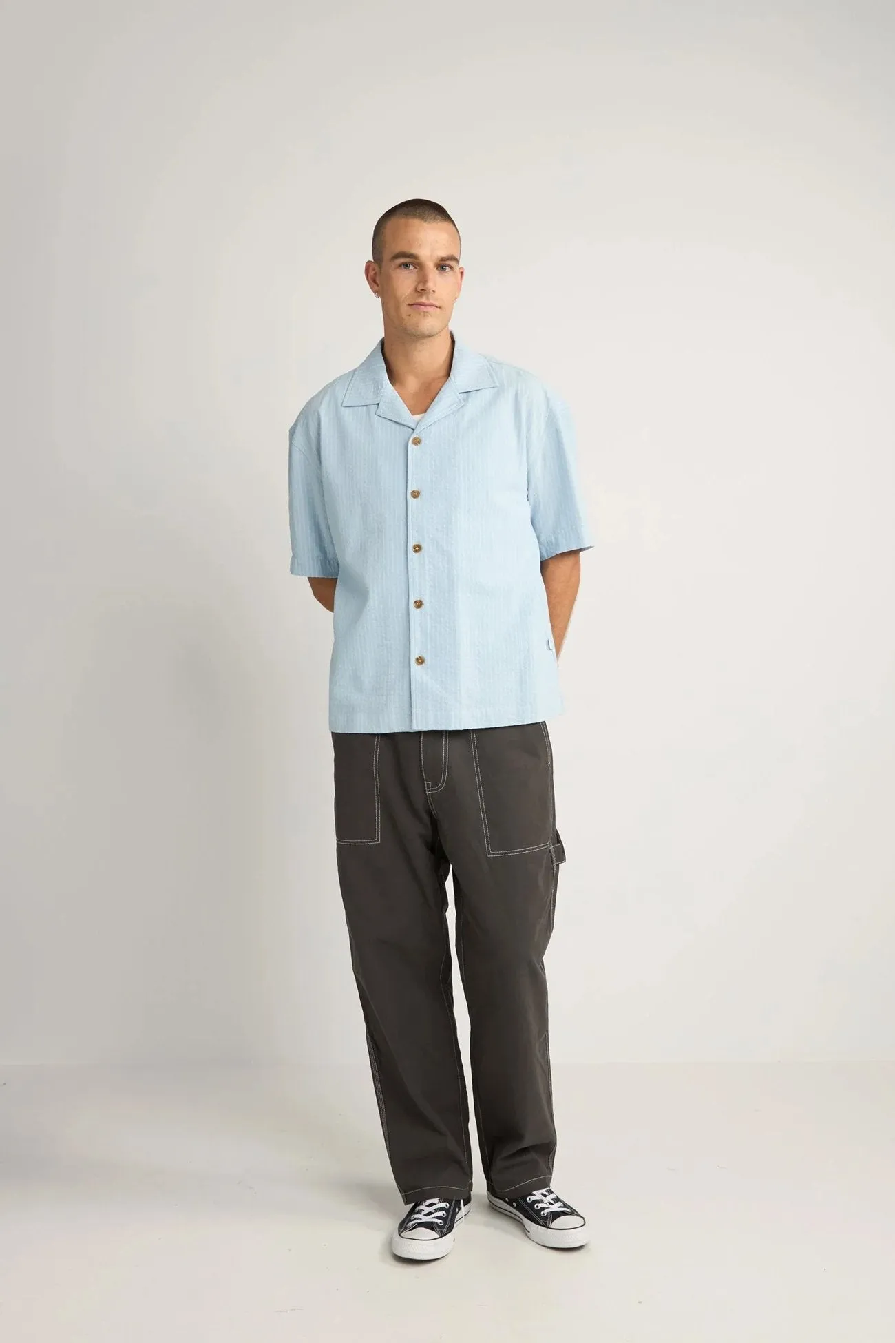 Relaxed Check Short Sleeve Shirt Blue Linen blend