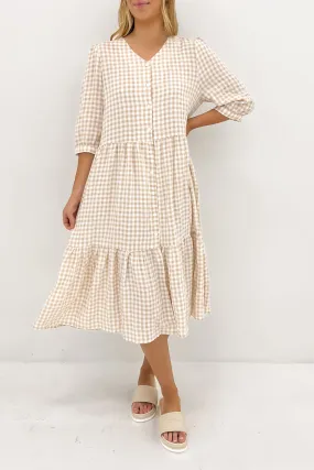 everyday staple High-Low-Hem Kaylah Midi Dress Latte Gingham
