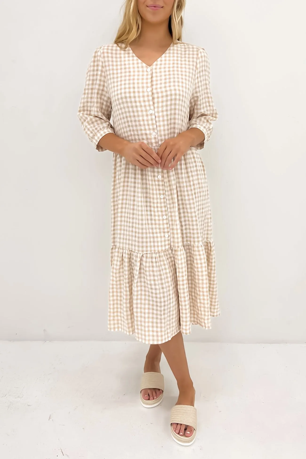 Kaylah Midi Dress Latte Gingham Grab Now