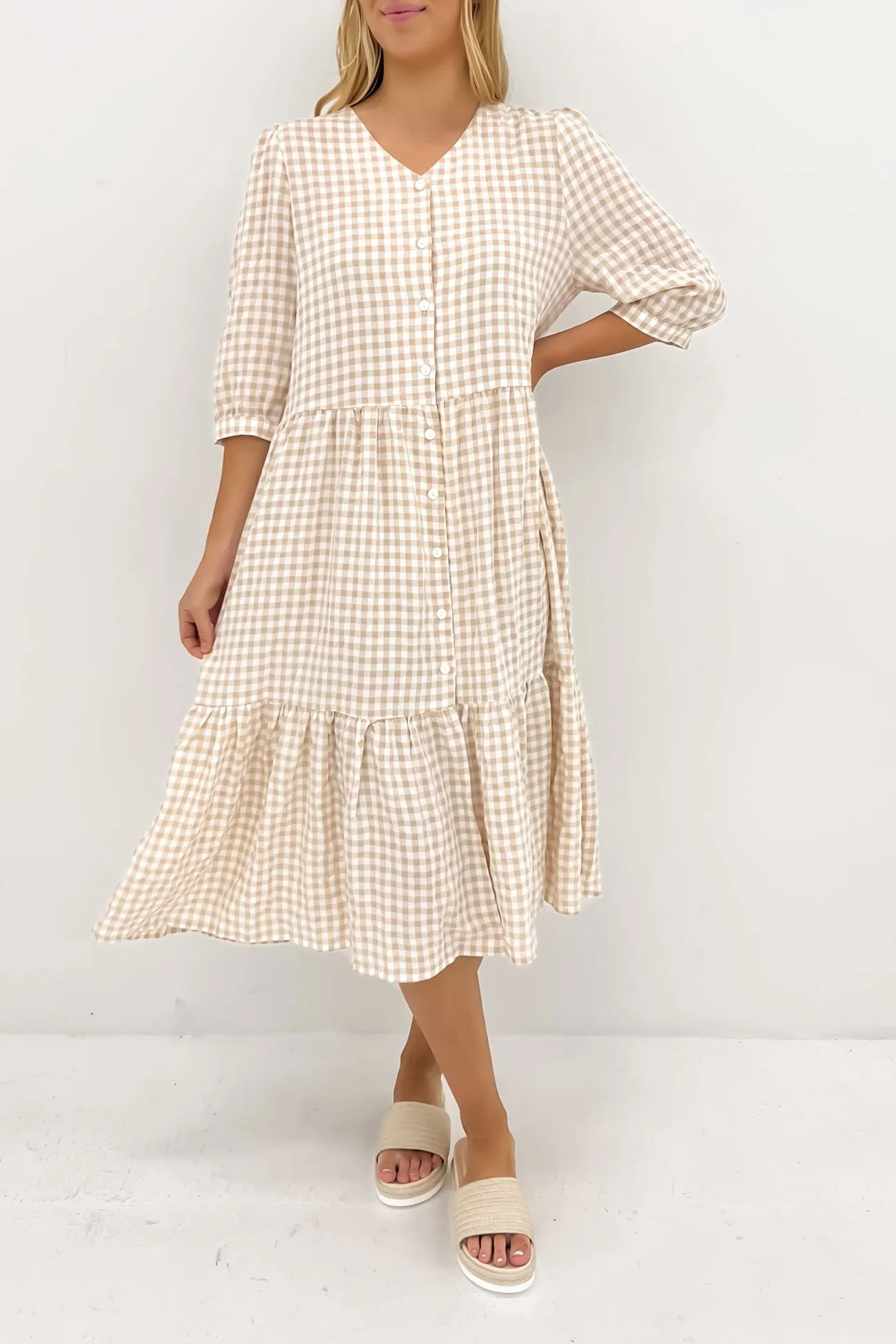 Clean Drape Soft fabric piece Kaylah Midi Dress Latte Gingham