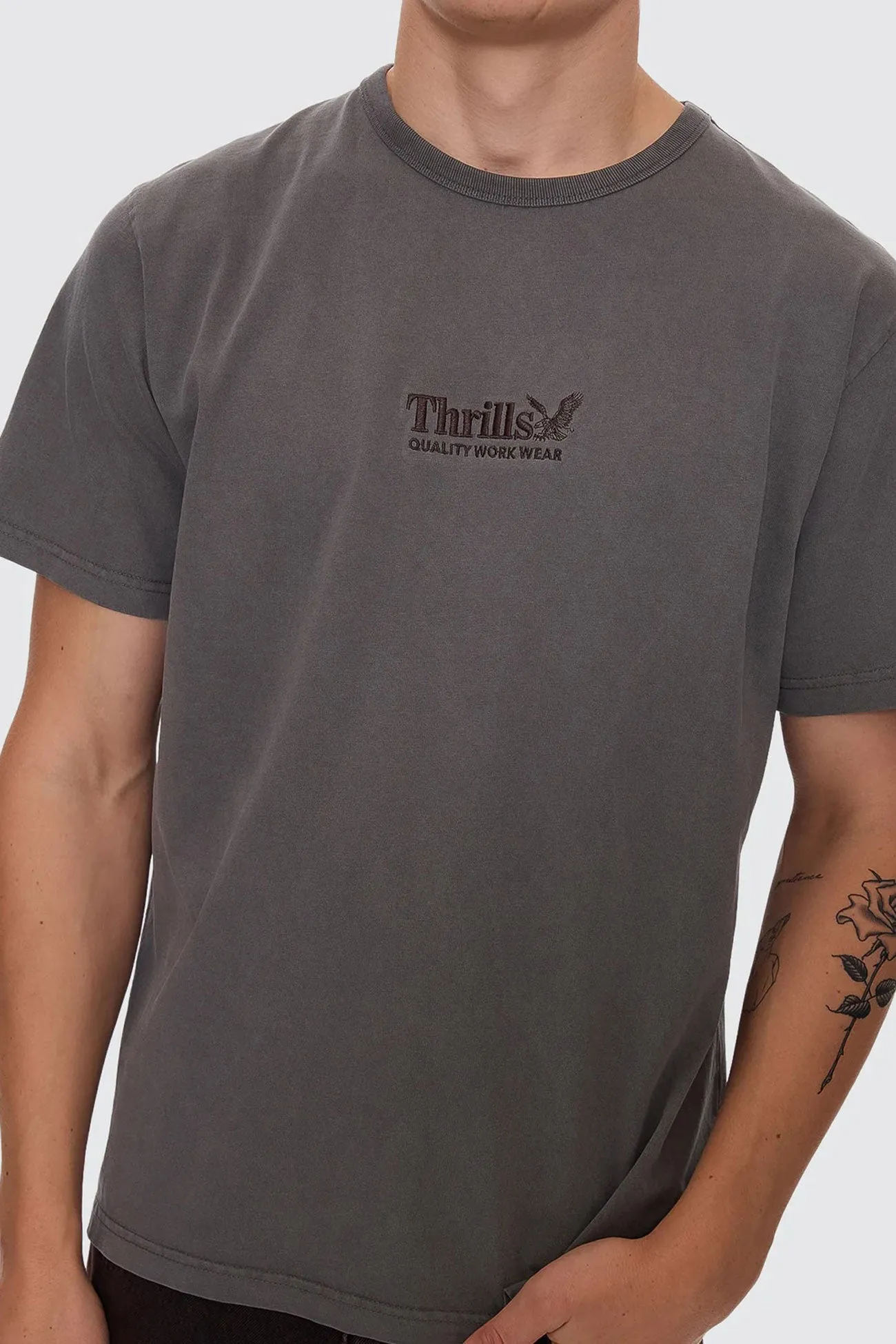 Best Seller Thrills Workwear Embro Merch Fit Tee Charcoal Rose