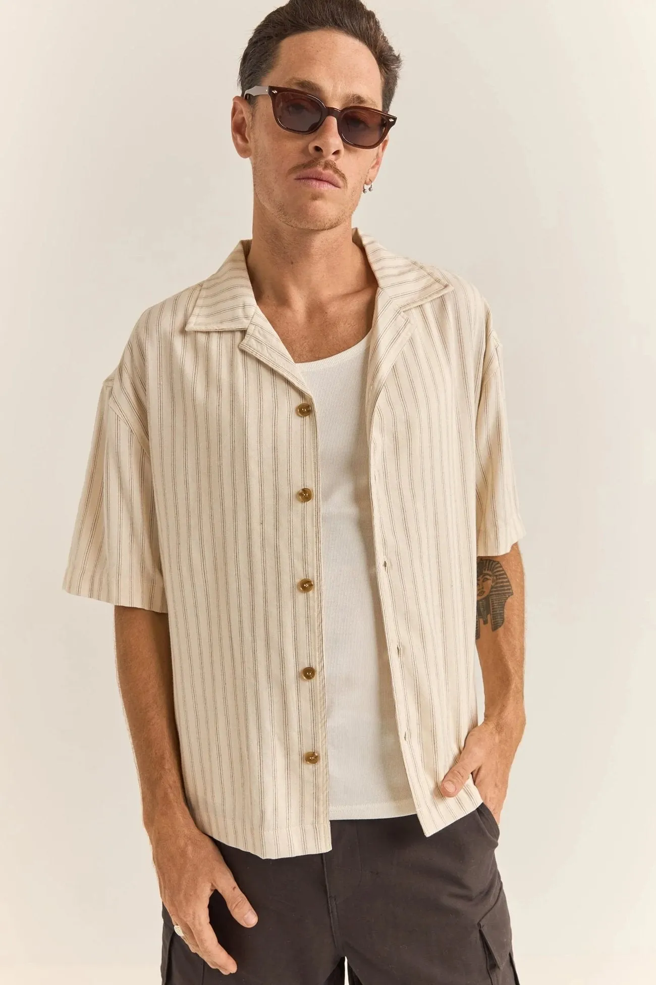 Statement Piece Camouflage Style Relaxed Stripe Short Sleeve Shirt Natural