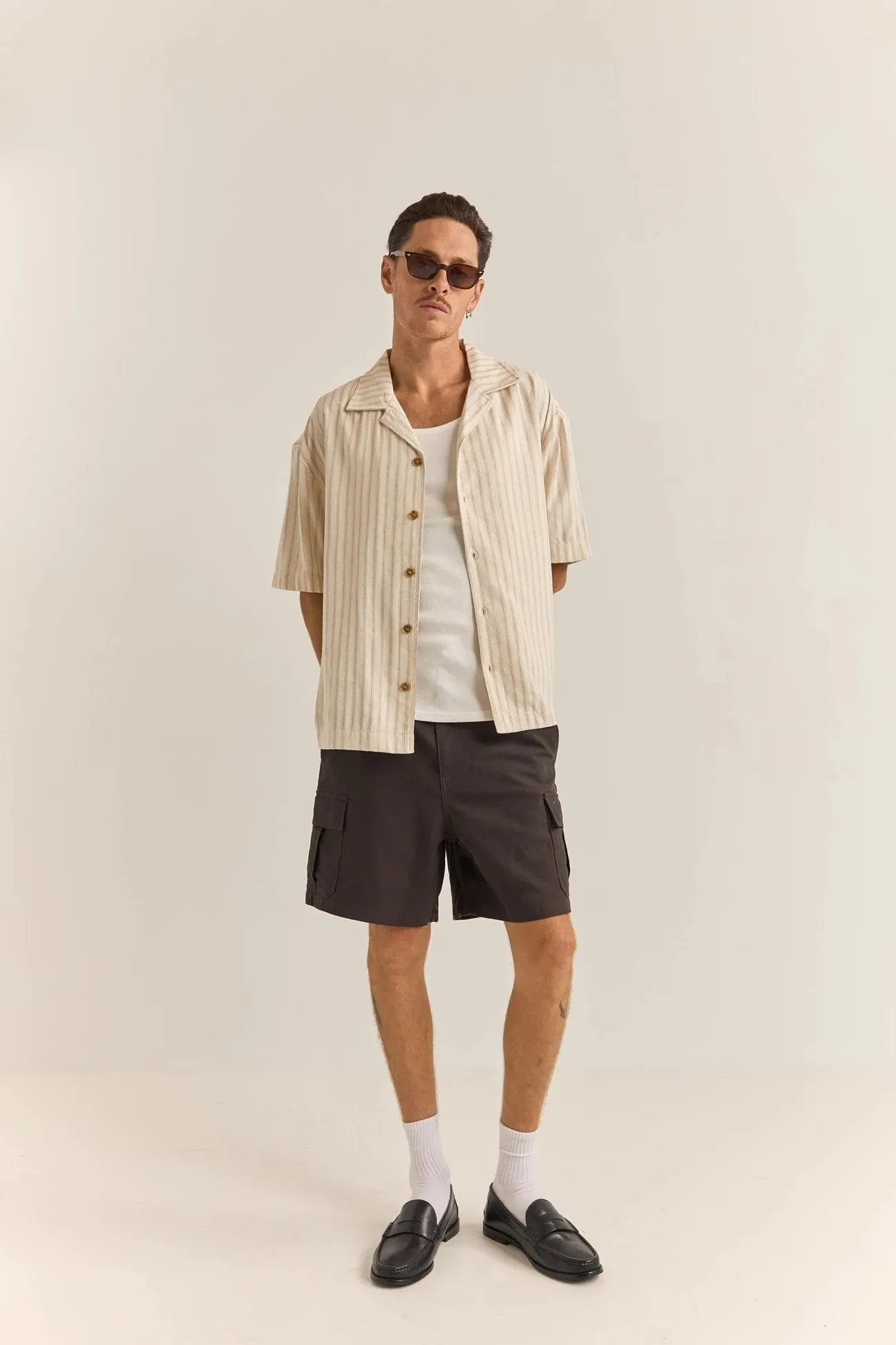 Floral Motif Relaxed Stripe Short Sleeve Shirt Natural
