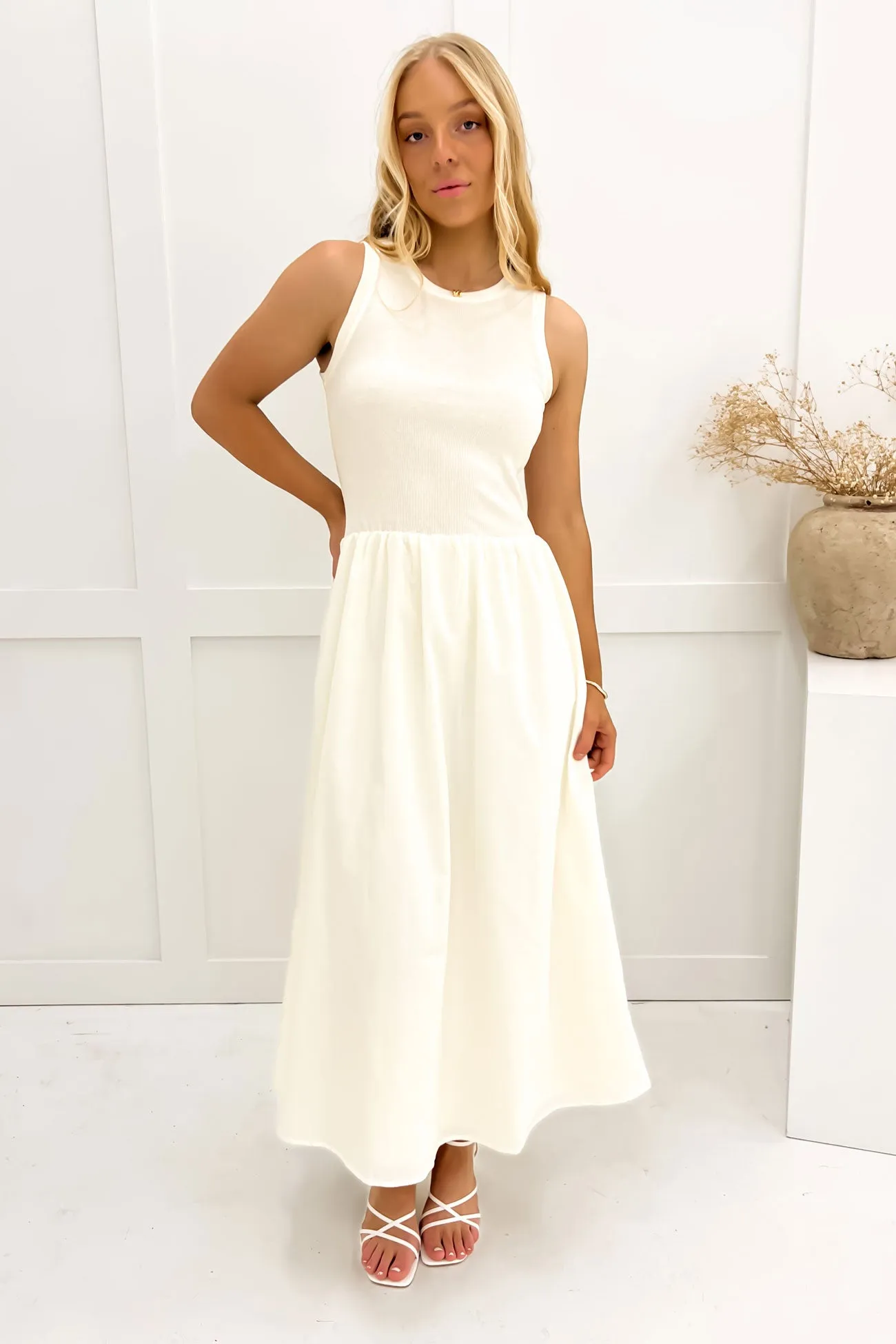 Puff-Sleeve Pure Fabric Kiho Maxi Dress Cream