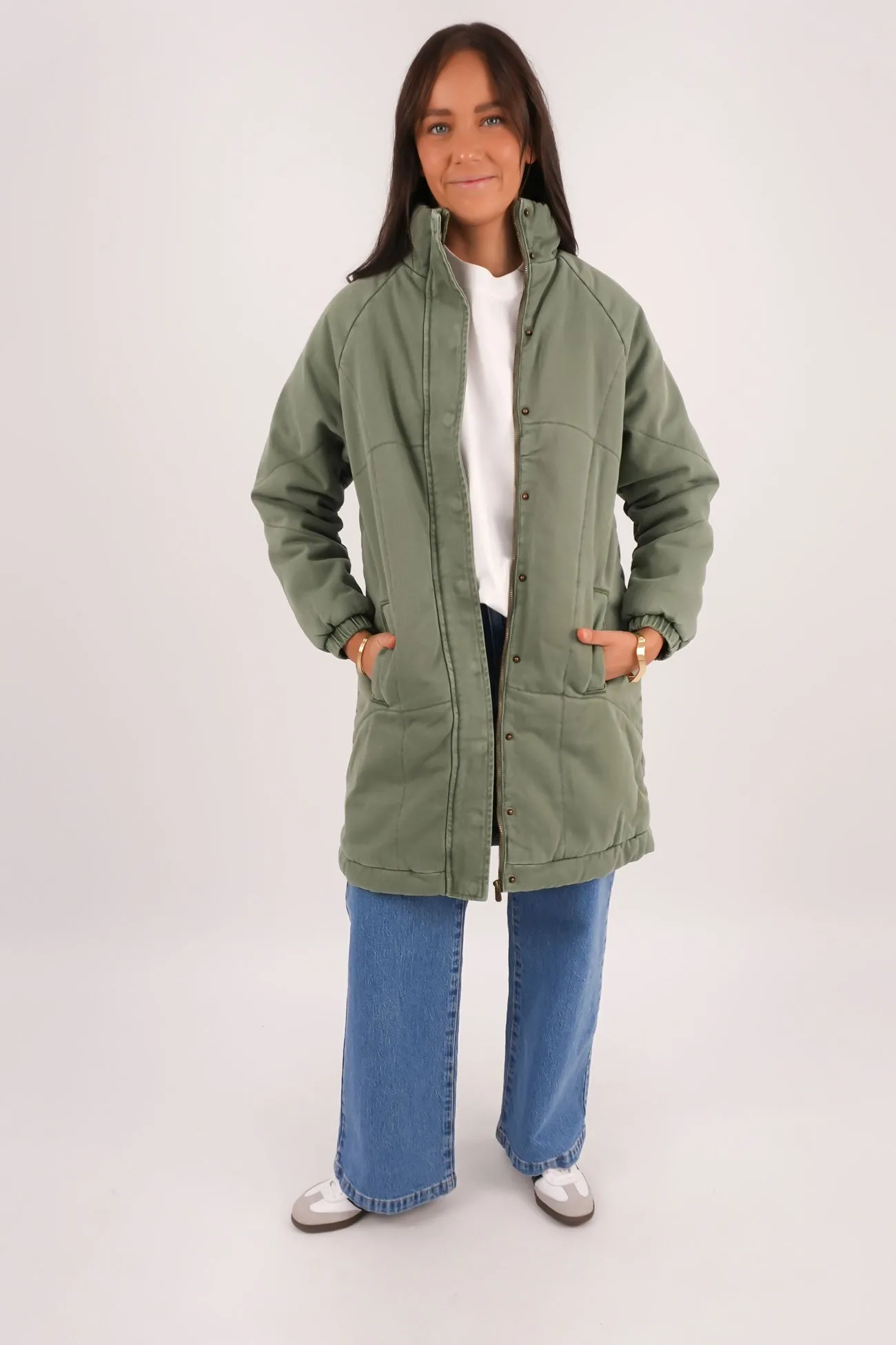 Rosalee Longline Jacket Washed Green Hidden Zipper Relaxed Fit Structure