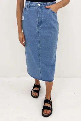 Ryliana Denim Midi Skirt Mid Blue Versatile Fit Fresh Detail