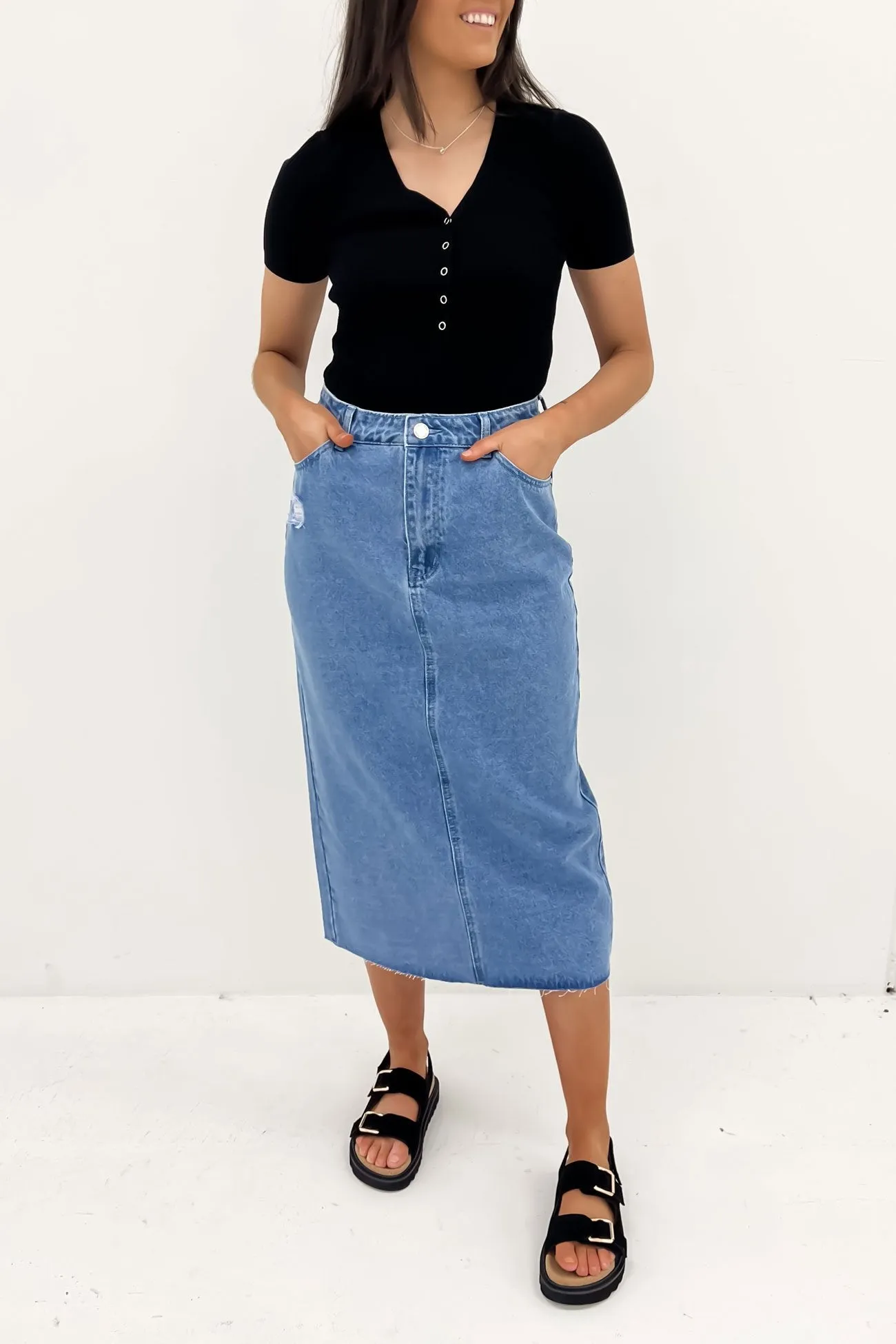 Ryliana Denim Midi Skirt Mid Blue Beach Day Everyday Favorite