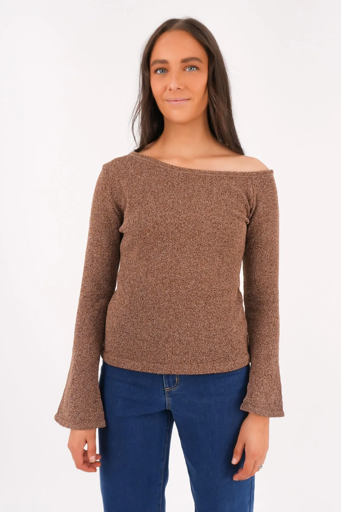 Saffi Knit Long Sleeve Top Chocolate easy - care Floral Motif