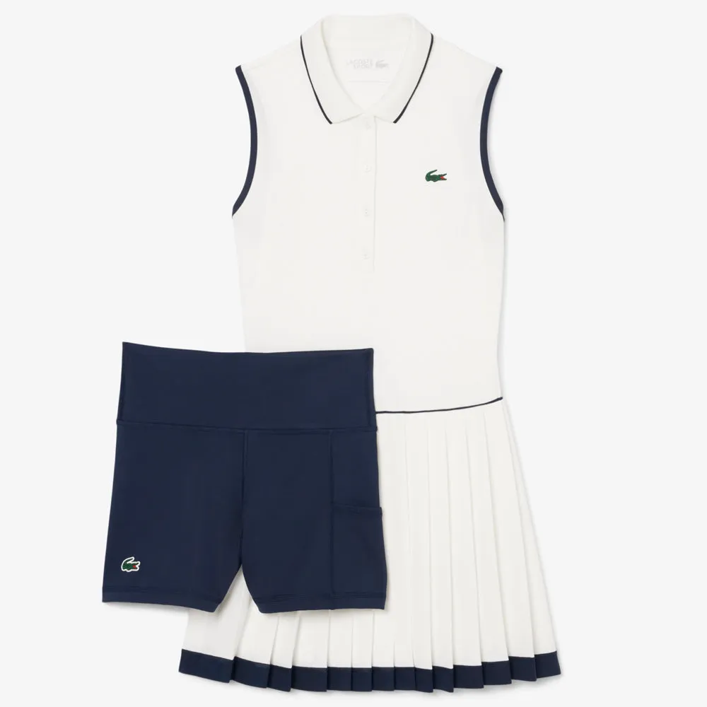 cuffs Scoop neck Lacoste Women's Heritage Ultra Dry Tennis Dress - White/Navy Blue