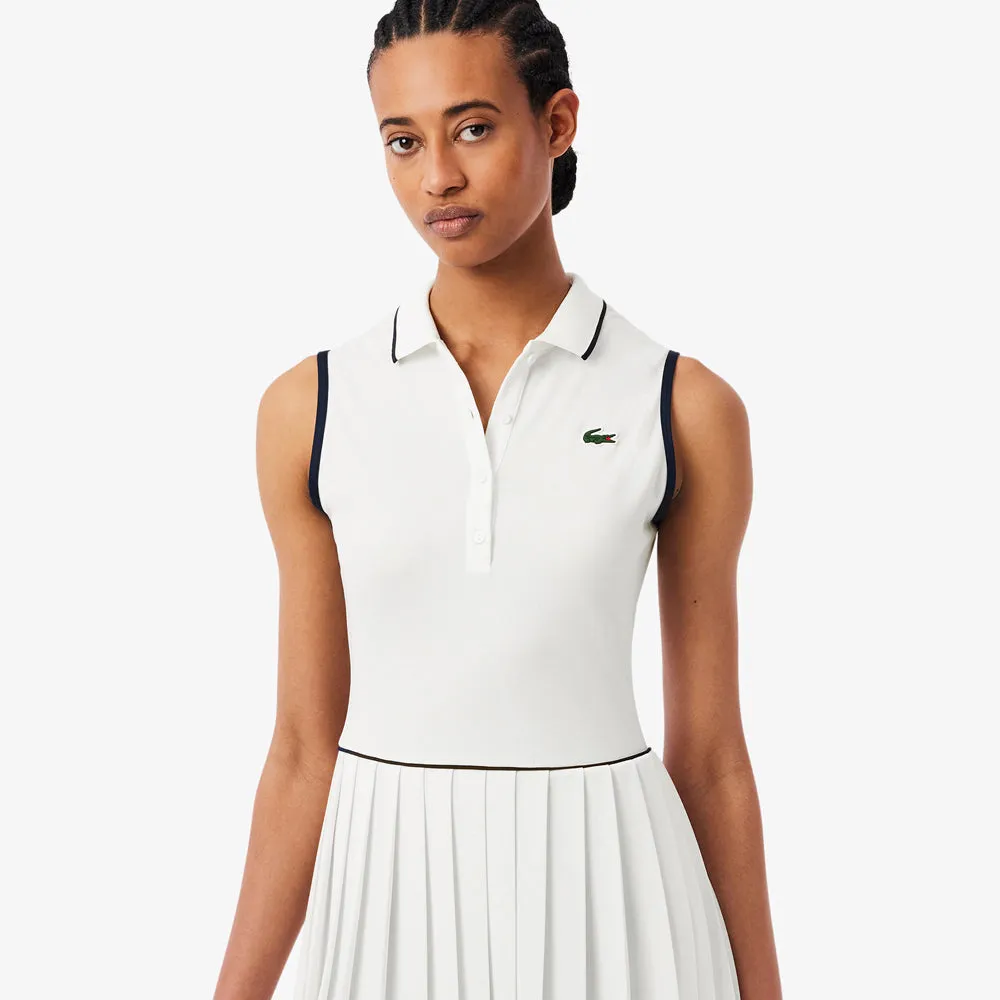 Shape Retention Scoop neck Lacoste Women's Heritage Ultra Dry Tennis Dress - White/Navy Blue