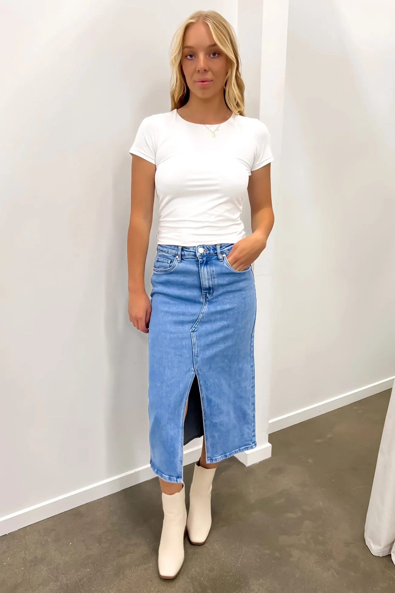 Scout Midi Skirt Mid Blue Outfit Game Chic Appeal
