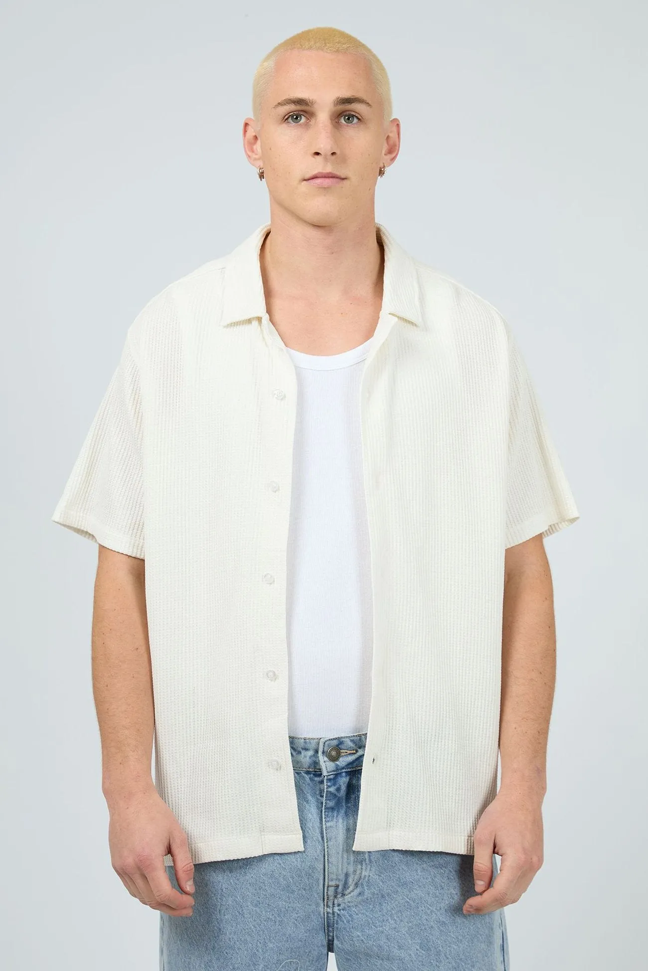 Reinforced Elbow Patches Hooded Neckline Session Waffle Short Sleeve Shirt Natural