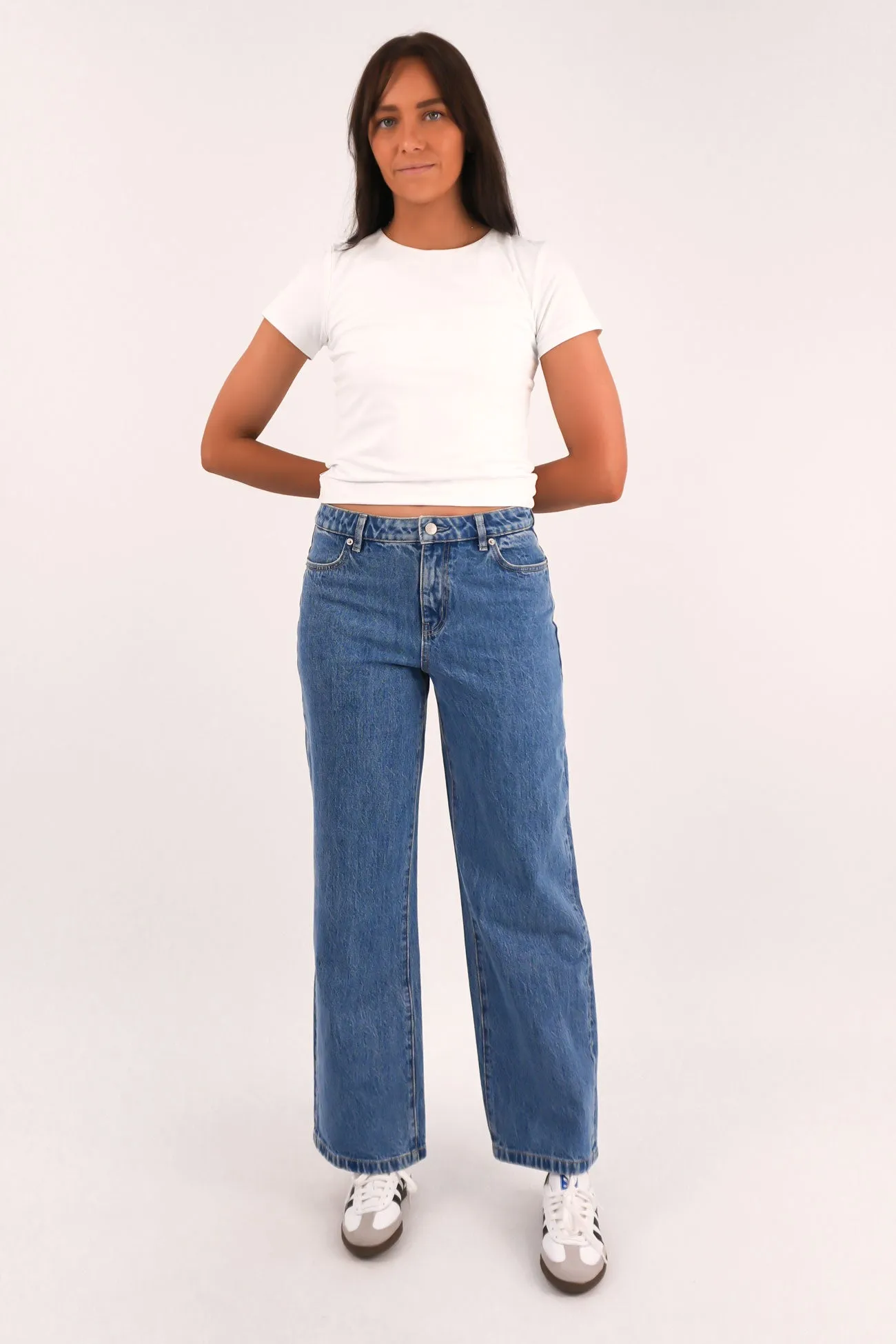 Casual Friday Parent Style Travel Outfit Base Comfort Mid Wide Jean Blue Intuition