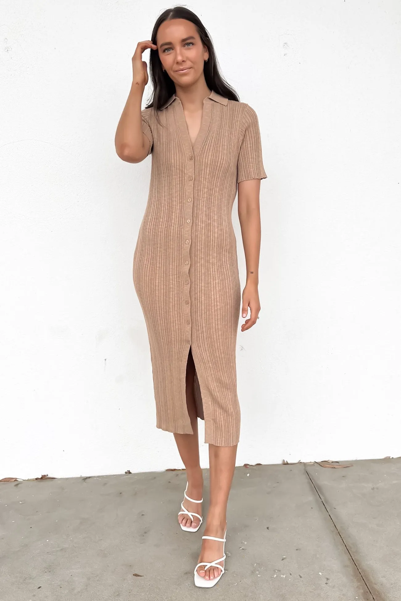 Shylie Ribbed Midi Dress Beige wrap waist