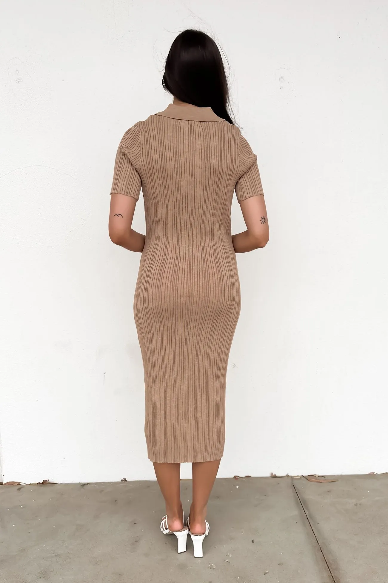 Contemporary Look Shylie Ribbed Midi Dress Beige