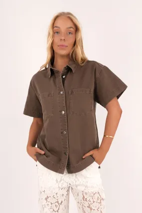 Simi Denim Shirt Cocoa high-low hem