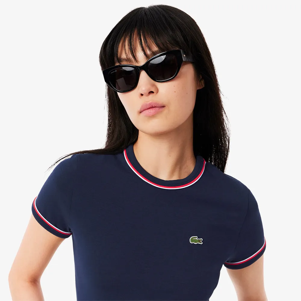 Detachable Smooth Texture simple design Lacoste Women's Contrast Accent Jersey Tee - Navy Blue