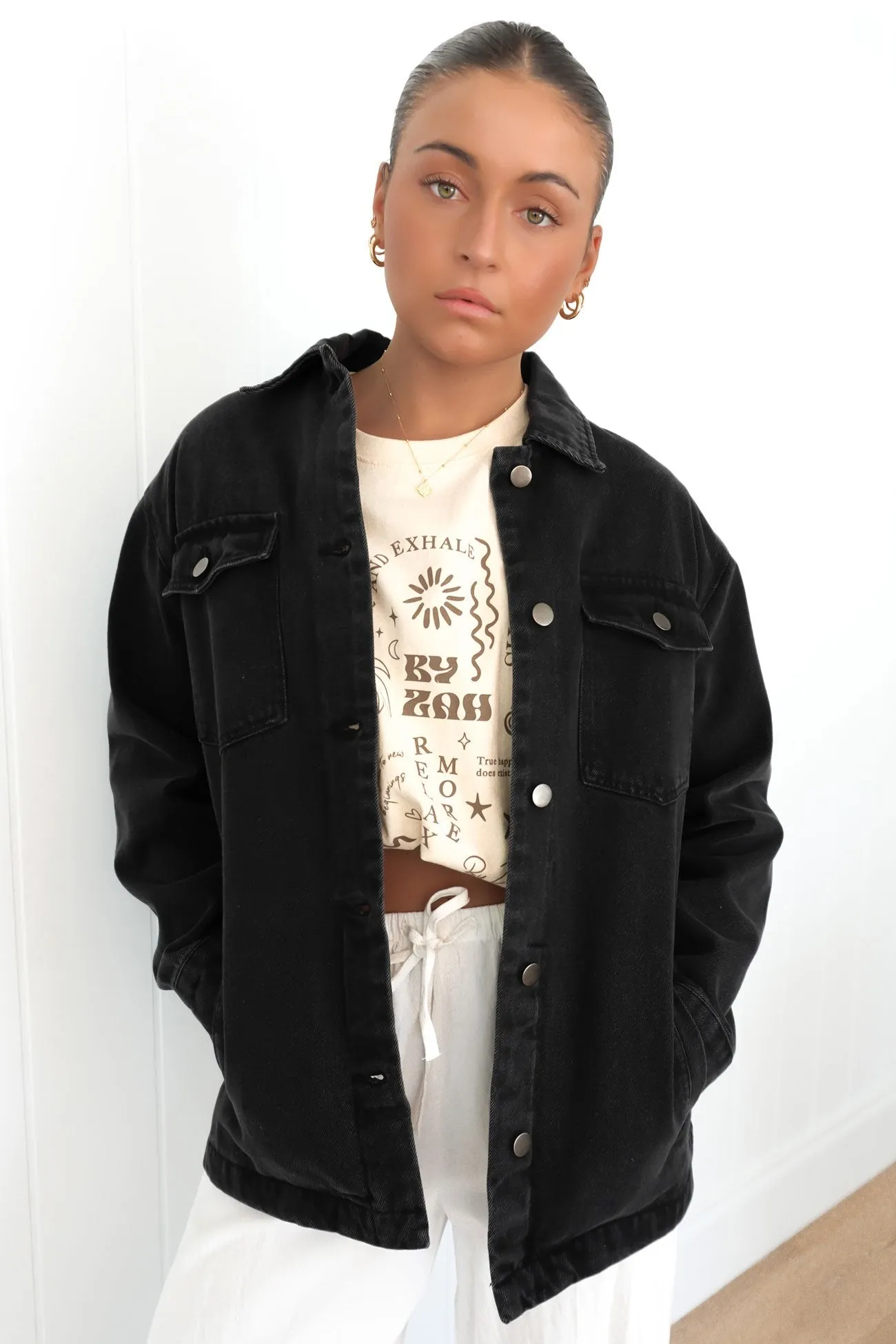 Skylar Denim Shacket Washed Black Mid Length Windproof Inner Layer