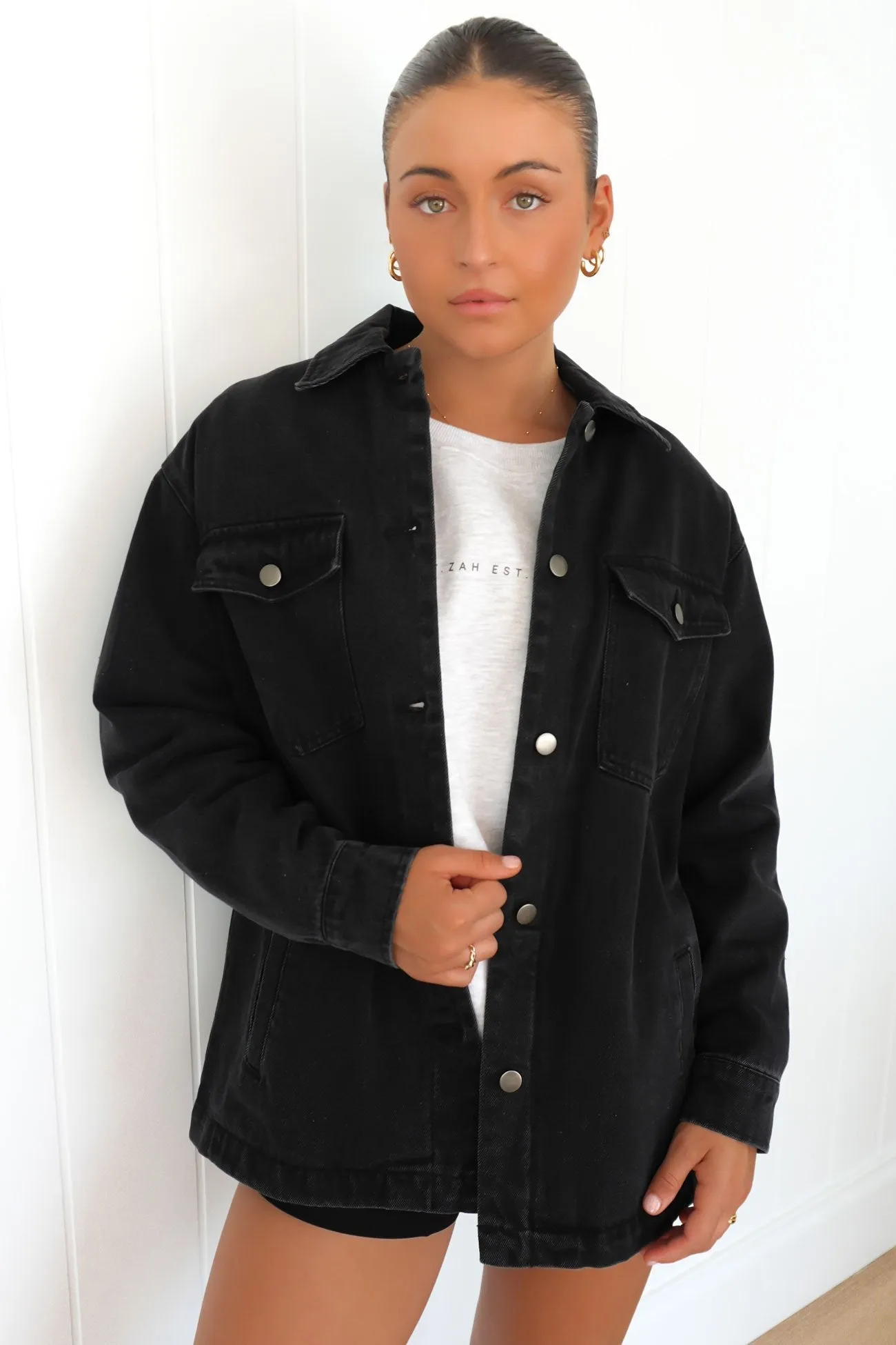 Skylar Denim Shacket Washed Black No Collar