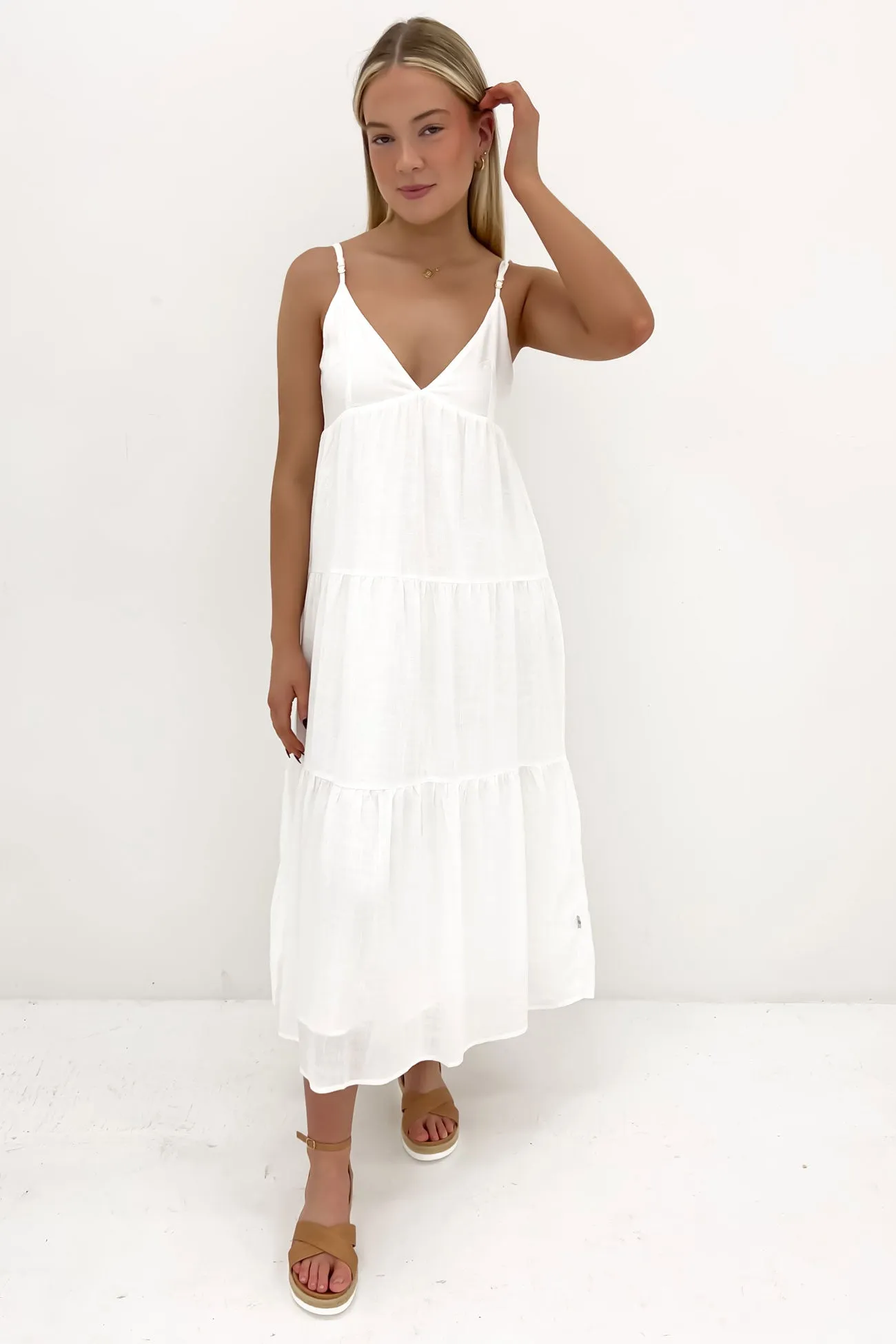 Flowy summer gown Casual and Smart Classic Tiered Midi Dress White