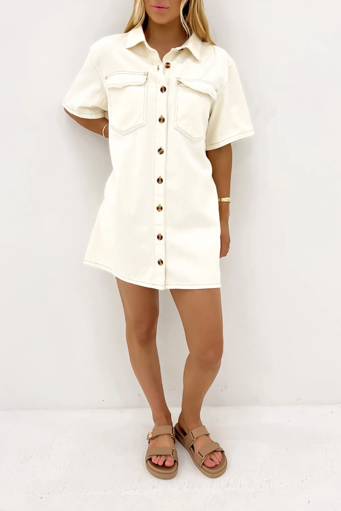 Georgie Denim Mini Dress Sand Modern and Stylish Charming Fit
