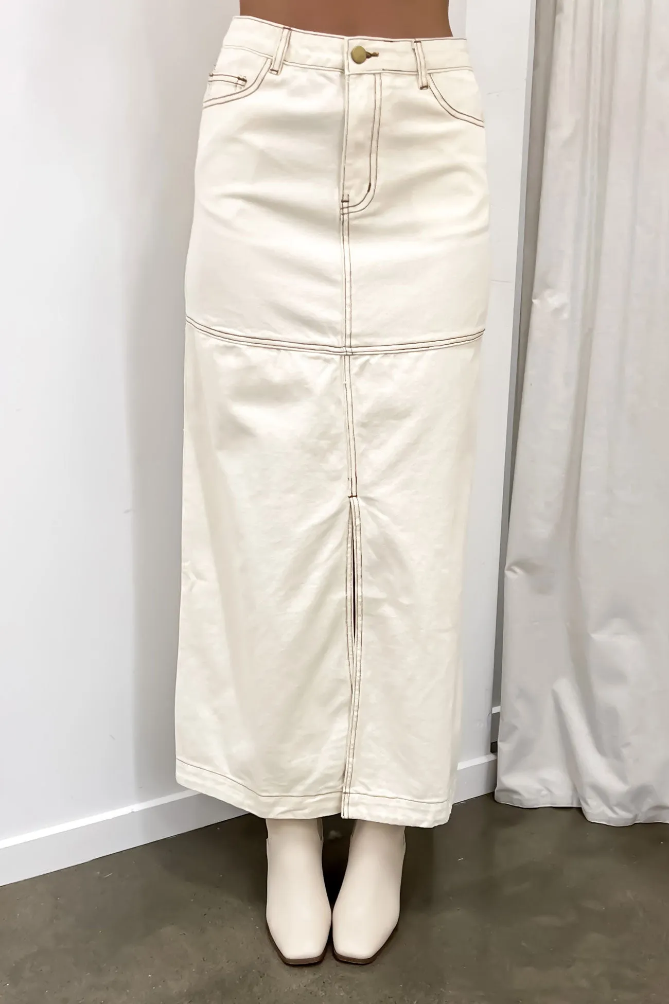 perforated design Alicia Denim Maxi Skirt Sand