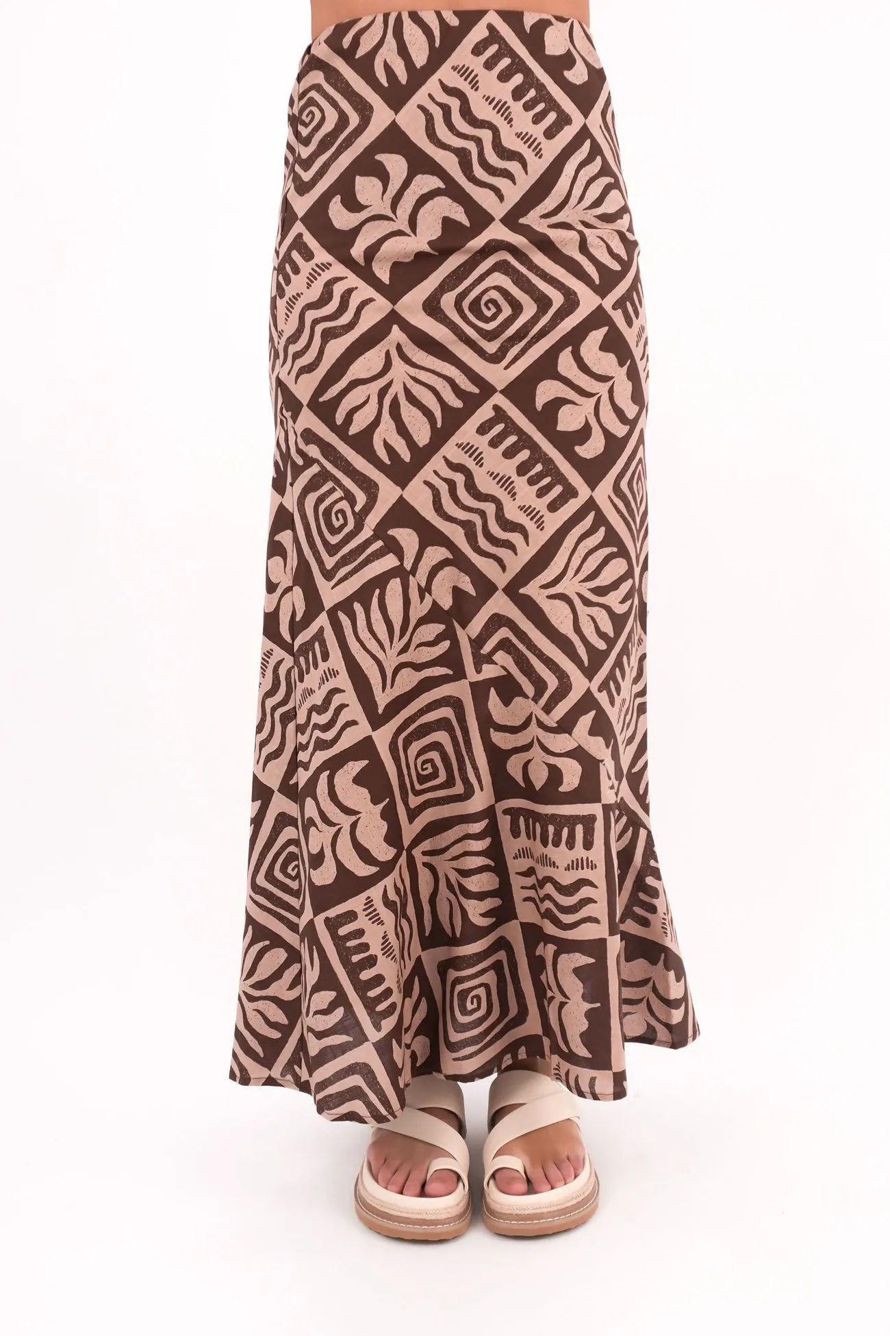 Non see through Elastic hem Tulum Maxi Skirt Brown