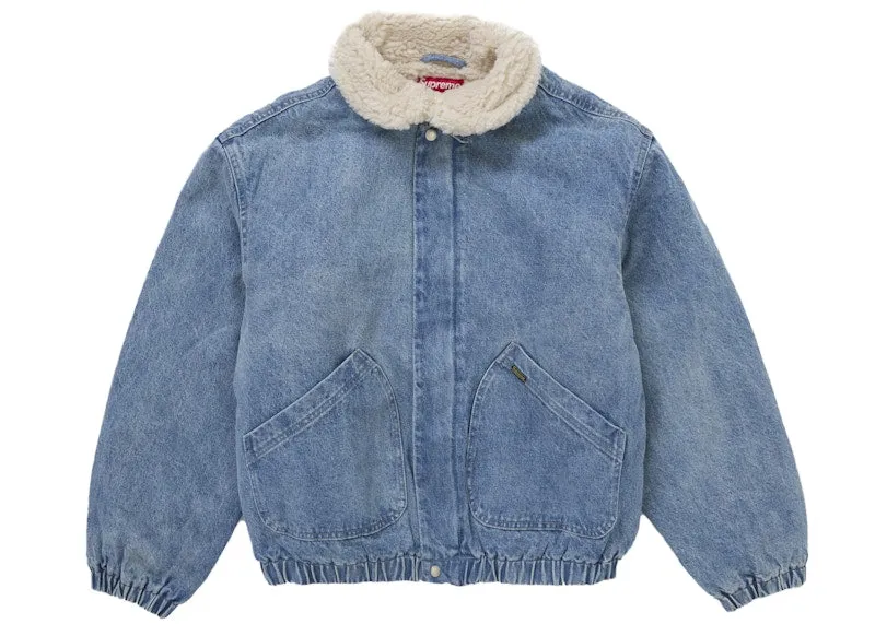 Easy to Wear Reinforced Seams Supreme Faux Shearling Lined Bomber Jacket Denim