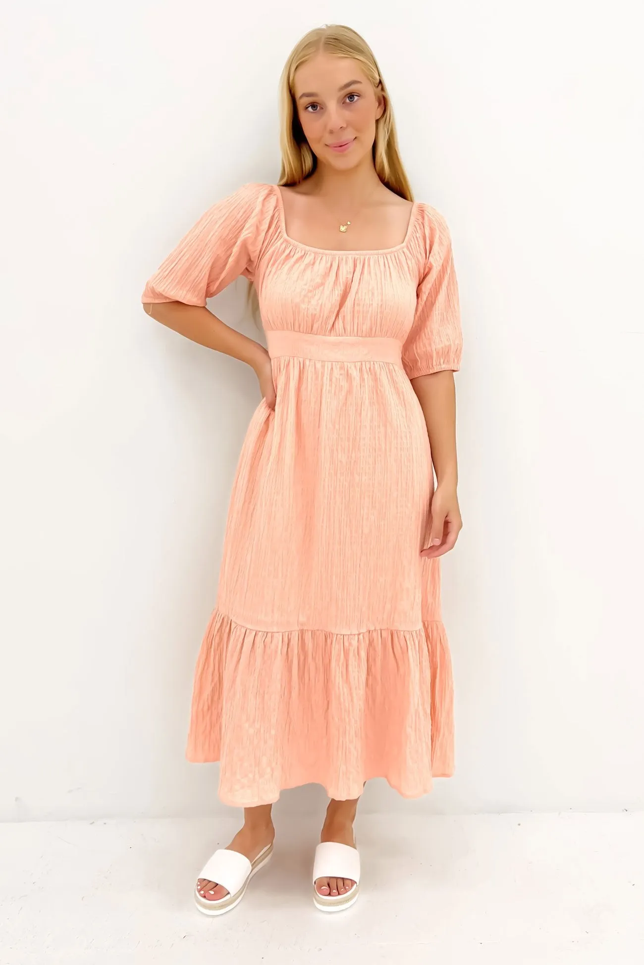 Violet Midi Dress Muted Peach Fashion Look Casual and Smart