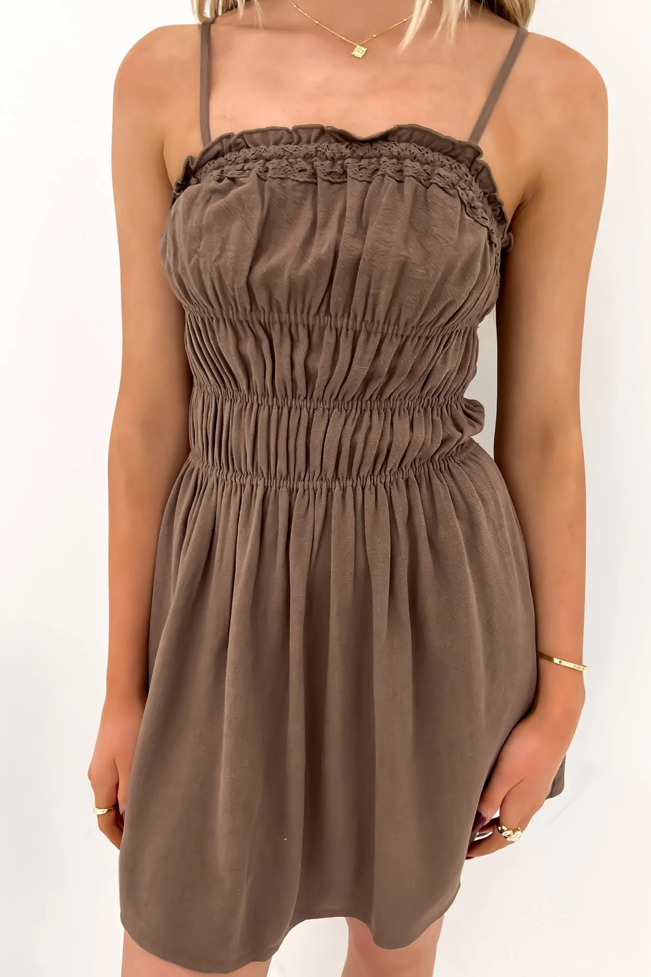 Toledo Mini Dress Brown breathable fabric dress